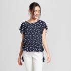 Women's Floral Print Short Sleeve Cinched Waist Blouse - Xhilaration Shadow/iceland
