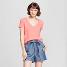 Women's Short Sleeve Vintage V-neck T-shirt - A New Day Neon Pink