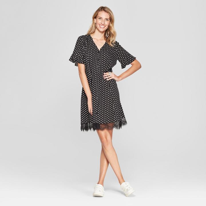 Women's Polka Dot Button Front Lace Trim Dress - Chiasso - Black