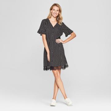 Women's Polka Dot Button Front Lace Trim Dress - Chiasso - Black