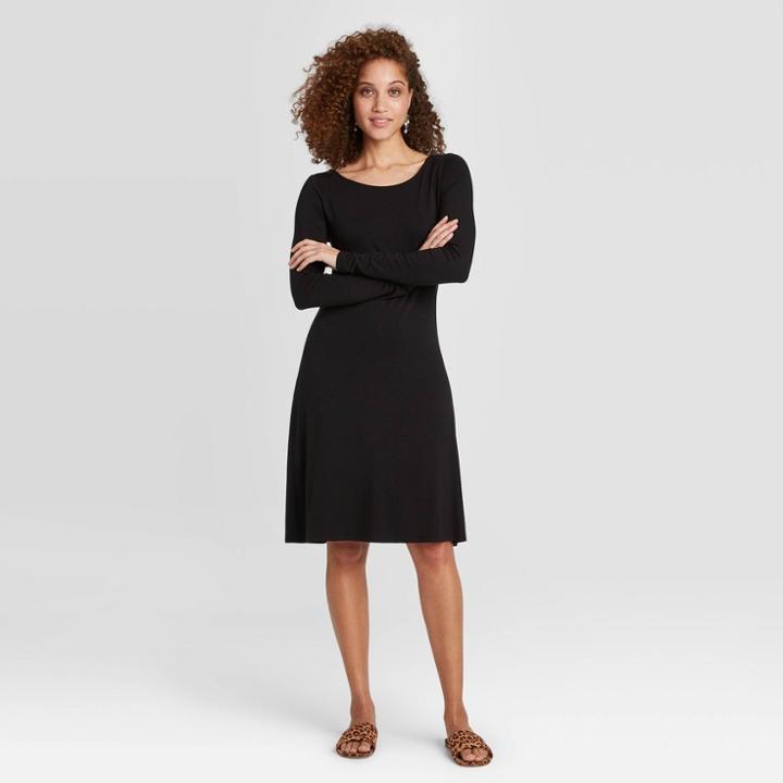 Women's Regular Fit Long Sleeve Round Neck Knit Dress - A New Day Black