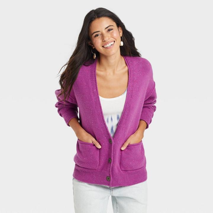 Women's Button-front Grandpa Cardigan - Universal Thread Fuchsia