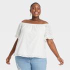 Women's Plus Size Tie-dye Short Sleeve Off The Shoulder Eyelet Top - Knox Rose White