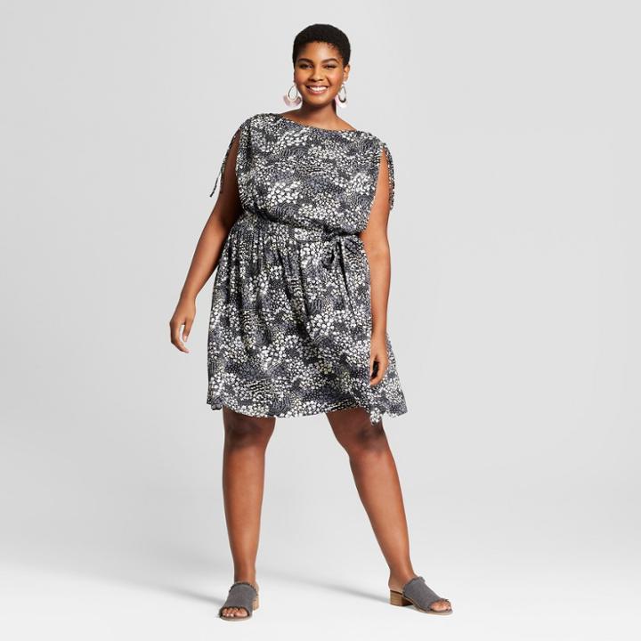 Women's Plus Size Floral Print Tie Sleeve Dress - Ava & Viv Gray