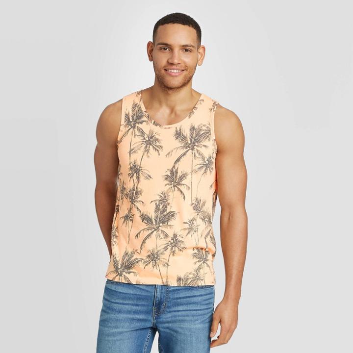 Men's Palm Print Standard Fit Novelty Tank Tops - Goodfellow & Co Orange S, Men's,