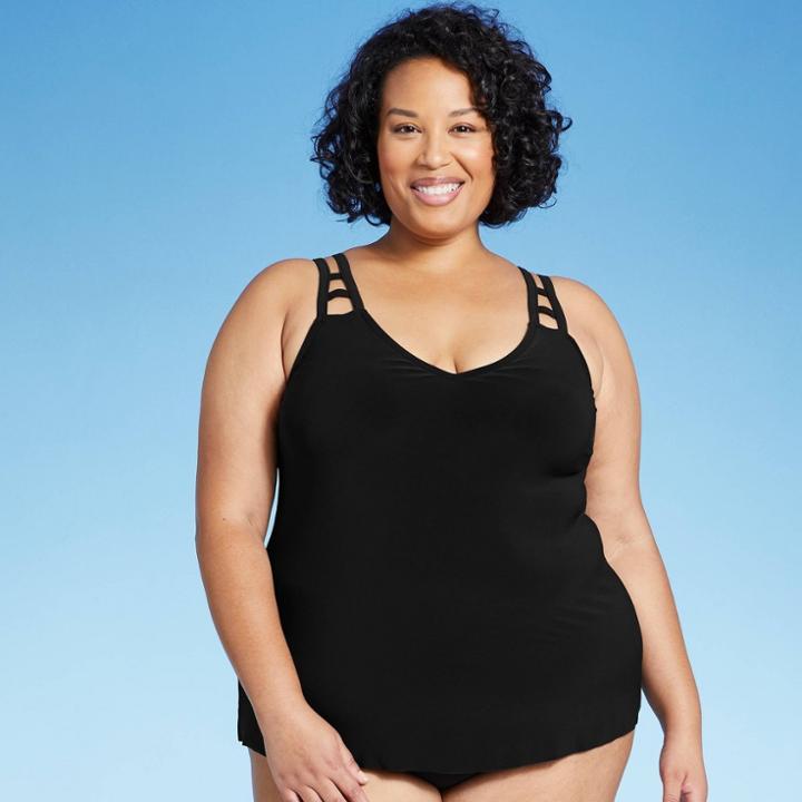 Women's Plus Size Plunge Cut Out Strap Tankini Top - Aqua Green Black X