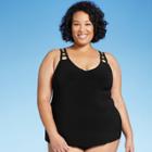 Women's Plus Size Plunge Cut Out Strap Tankini Top - Aqua Green Black X