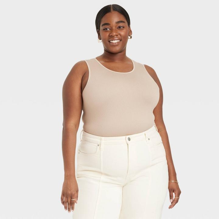 Women's Slim Fit Seamless Ribbed Tank Top - A New Day Beige