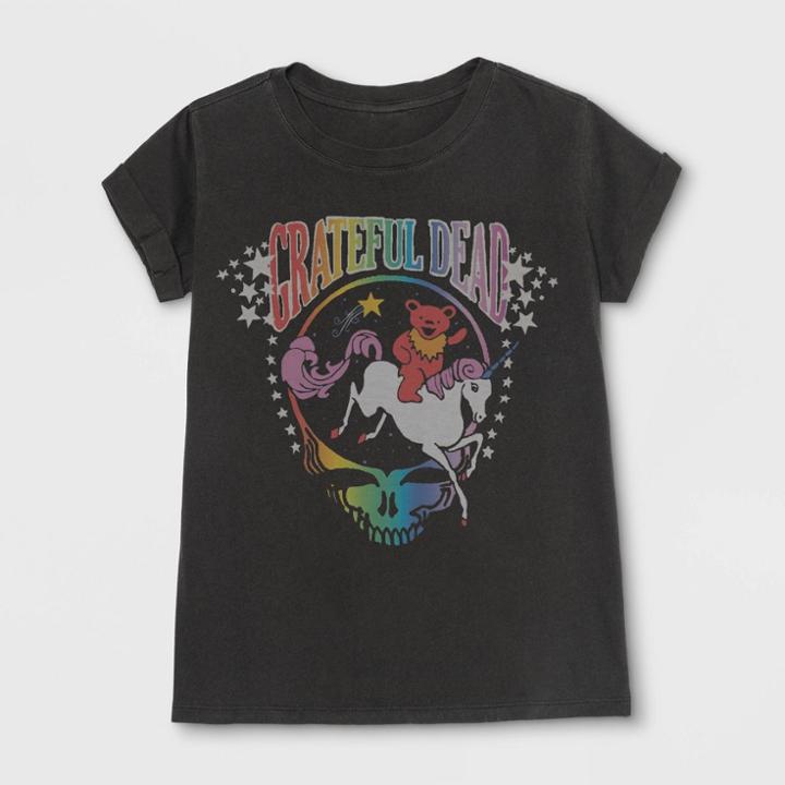 Junk Food Girls' Grateful Dead Bear Unicorn Short Sleeve T-shirt - Black