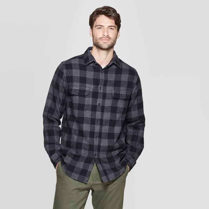 Men's Plaid Standard Fit Long Sleeve 2-pocket Flannel Button-down Shirt - Goodfellow & Co Black S, Men's,