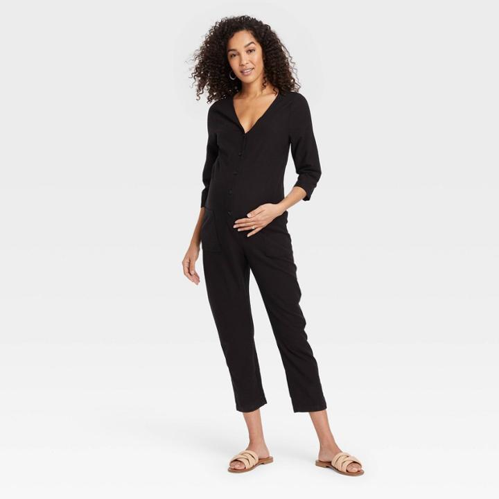 The Nines By Hatch 3/4 Sleeve Button-front Cropped Maternity Jumpsuit Black