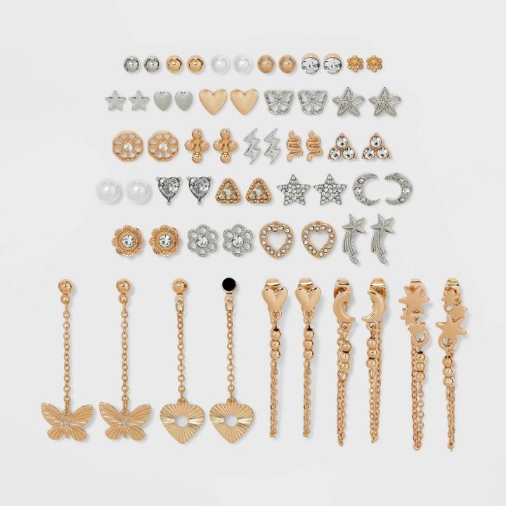 Heart Stars And Butterfly Cubic Zirconia Multi Stud Earring Set 30pc - Wild Fable , Gold/white/silver