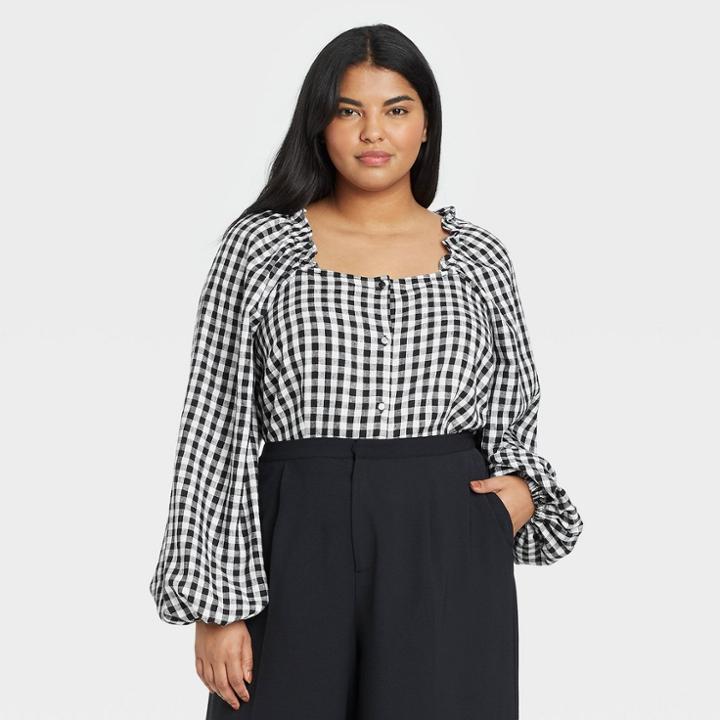 Women's Plus Size Balloon Long Sleeve Bardot Top - Who What Wear Black/white Gingham Check