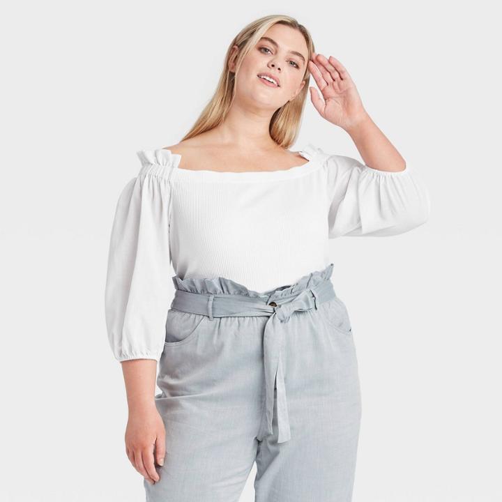Women's Plus Size Balloon 3/4 Sleeve Bardot Top - Who What Wear Bright White
