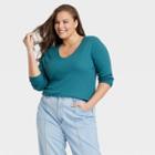 Women's Plus Size Long Sleeve Ribbed Scoop Neck T-shirt - A New Day Teal