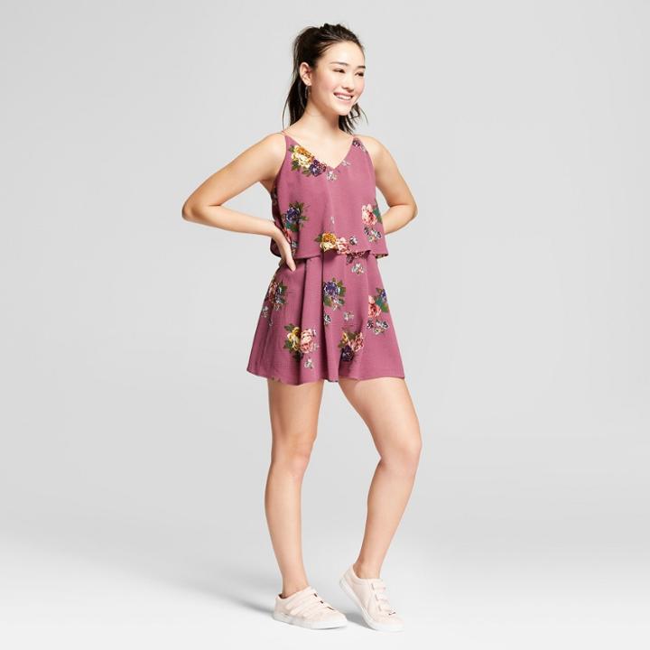 Women's Floral Print Ruffle Overlay Romper - Love @ First Sight (juniors') Pink