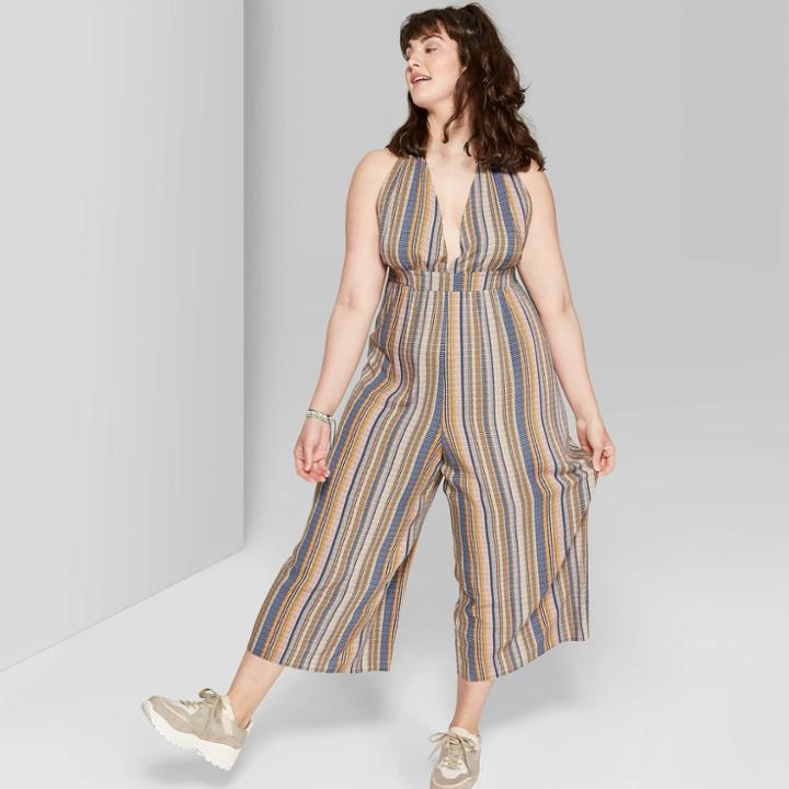 Women's Plus Size Striped Sleeveless Deep V-neck Halter Jumpsuit - Wild Fable 3x, Blue Orange