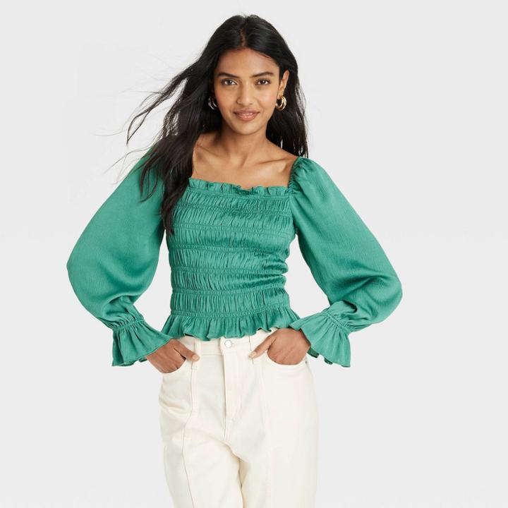 Women's Puff Long Sleeve Slim Fit Smocked Top - A New Day Teal Green