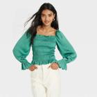 Women's Puff Long Sleeve Slim Fit Smocked Top - A New Day Teal Green