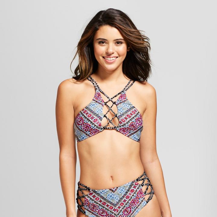 Vanilla Beach Women's Lace-up High Neck Bikini Top - Black