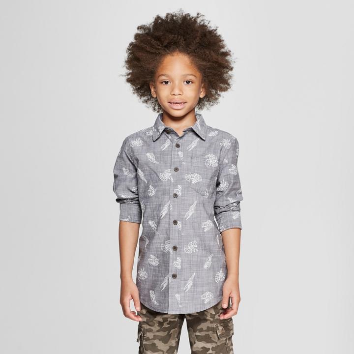 Boys' Dinosaur Print Long Sleeve Button-down Shirt - Cat & Jack Charcoal Gray