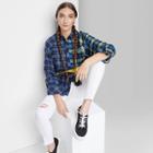 Women's Raglan Long Sleeve Hi-low Flannel Button-down Shirt - Wild Fable Blue Plaid
