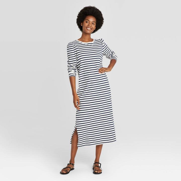 Women's Striped Puff Long Sleeve T-shirt Dress - Universal Thread White
