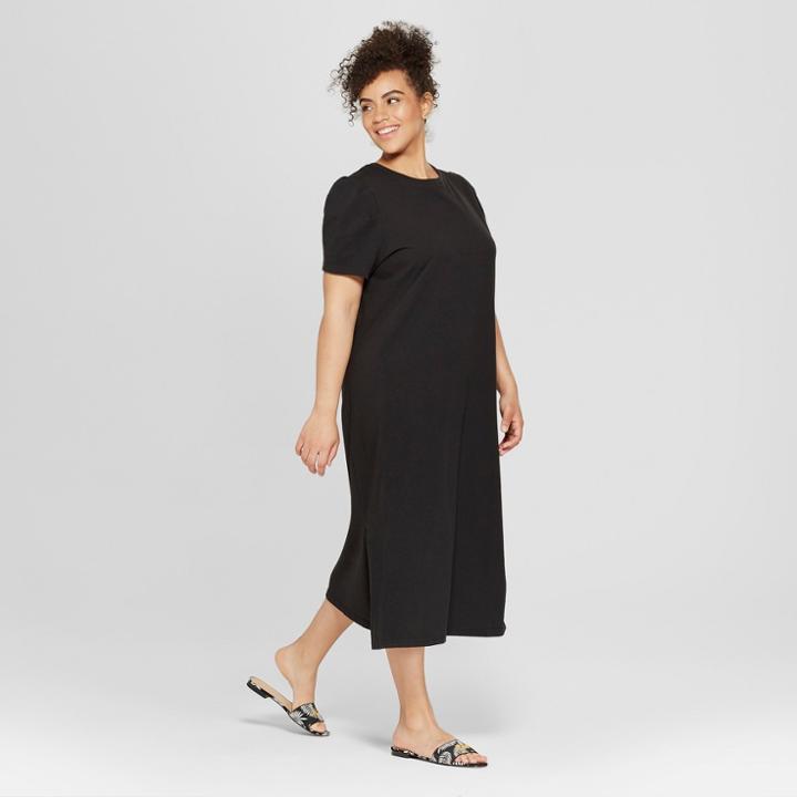 Women's Plus Size Short Pleat Sleeve Midi T-shirt Dress - Who What Wear Black X