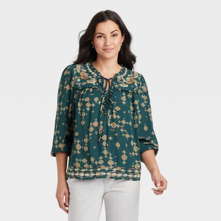 Women's Long Sleeve Embroidered Blouse - Knox Rose Green Printed