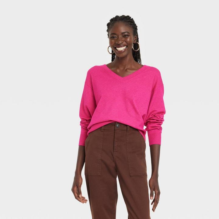 Women's Fine Gauge V-neck Sweater - A New Day Magenta