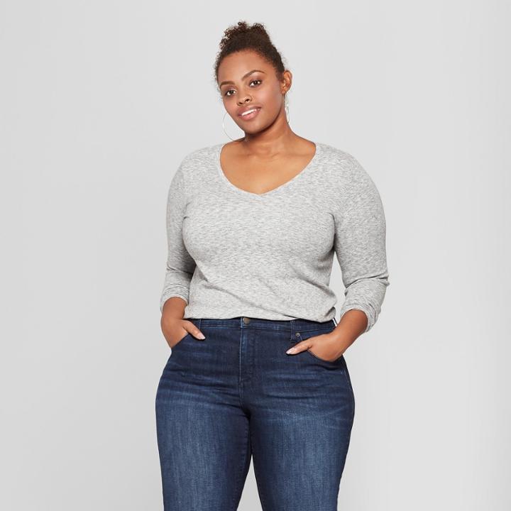 Women's Plus Size Long Sleeve V-neck T-shirt - Ava & Viv Light Gray Heather