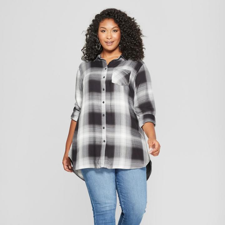 Women's Plus Size Plaid Long Sleeve Button-down Tunic - Ava & Viv Black/white X