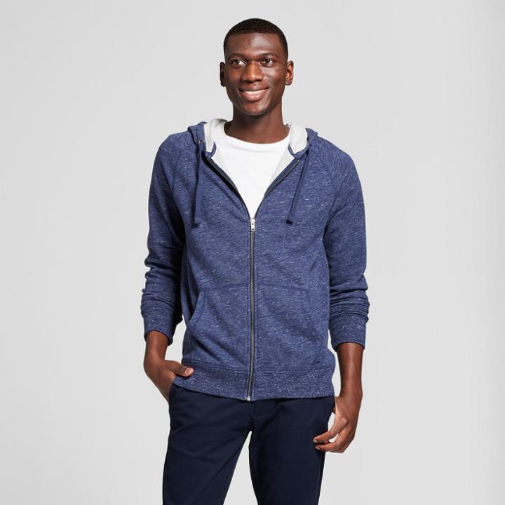 Men's French Terry Full Zip Long Sleeve Hooded Overcoat - Goodfellow & Co True Navy