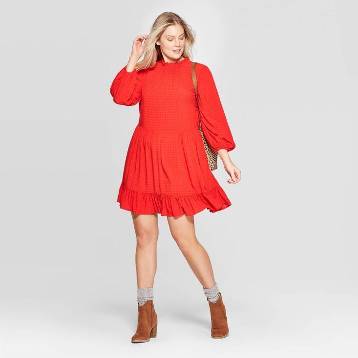 Women's Long Sleeve Crewneck Babydoll Dress - Universal Thread Ojai Ginger