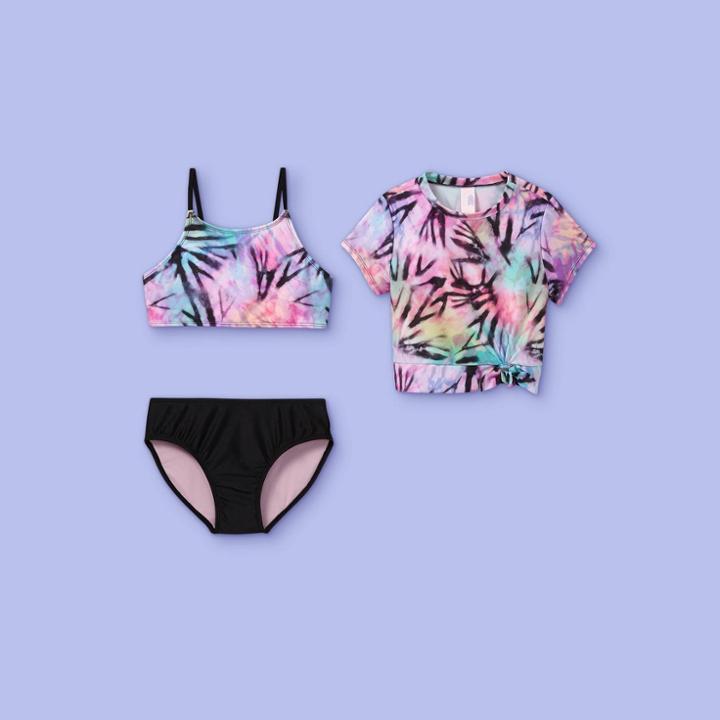 More Than Magic Girls' Tie-dye 3pc Short Sleeve Rash Guard Swimsuit Set - More Than