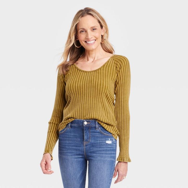 Women's Slim Fit Long Sleeve Ribbed T-shirt - Knox Rose Khaki