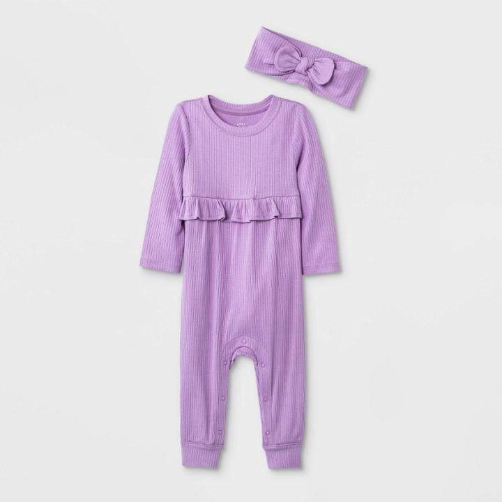 Baby Girls' Rib Romper With Headband - Cat & Jack Purple Newborn