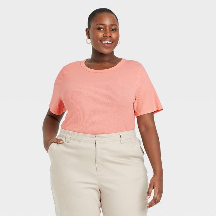 Women's Plus Size Short Sleeve Rib T-shirt - A New Day Pink