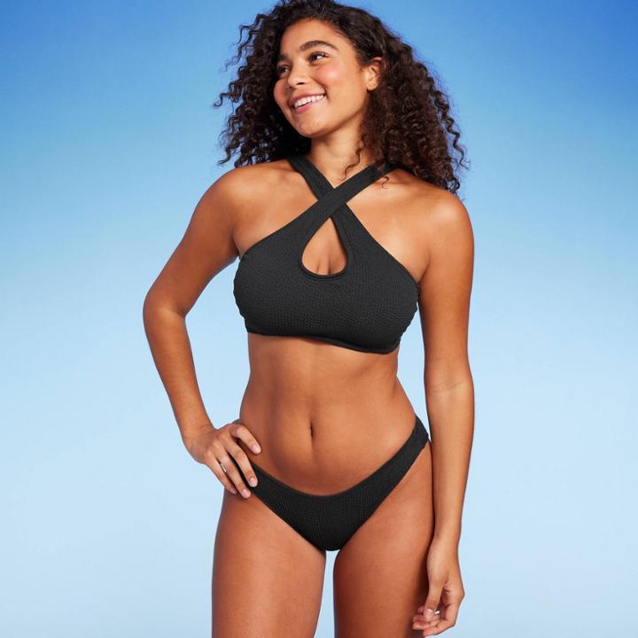 Women's Cross Front Pucker Textured Halter Bikini Top - Wild Fable Black D/dd Cup