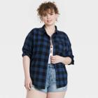 Women's Grateful Dead Plus Size Long Sleeve Checkered Graphic Button-down Shirt Flannel - Navy Blue