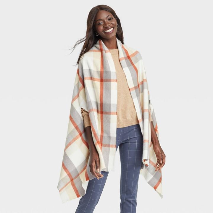 Women's Plaid Wrap Jacket - A New Day Cream One Size, Ivory