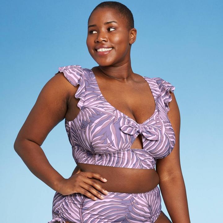 Women's Plus Size Ruffled Crop Sleeve Faux Tie-knot Bikini Top - Sea Angel