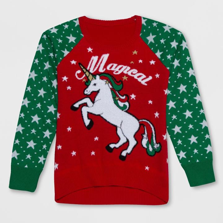 Well Worn Girls' Magical Unicorn Christmas Sweater - Red/green
