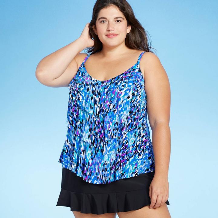Women's Plus Size Tiered Tankini Top - Aqua Green Cool