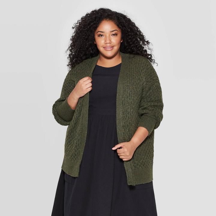 Women's Plus Size Long Sleeve Honeycomb Open Layering Cardigan - Universal Thread Olive (green)