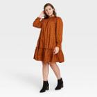 Women's Plus Size Floral Print Puff Long Sleeve Ruffle Dress - Universal Thread Brown