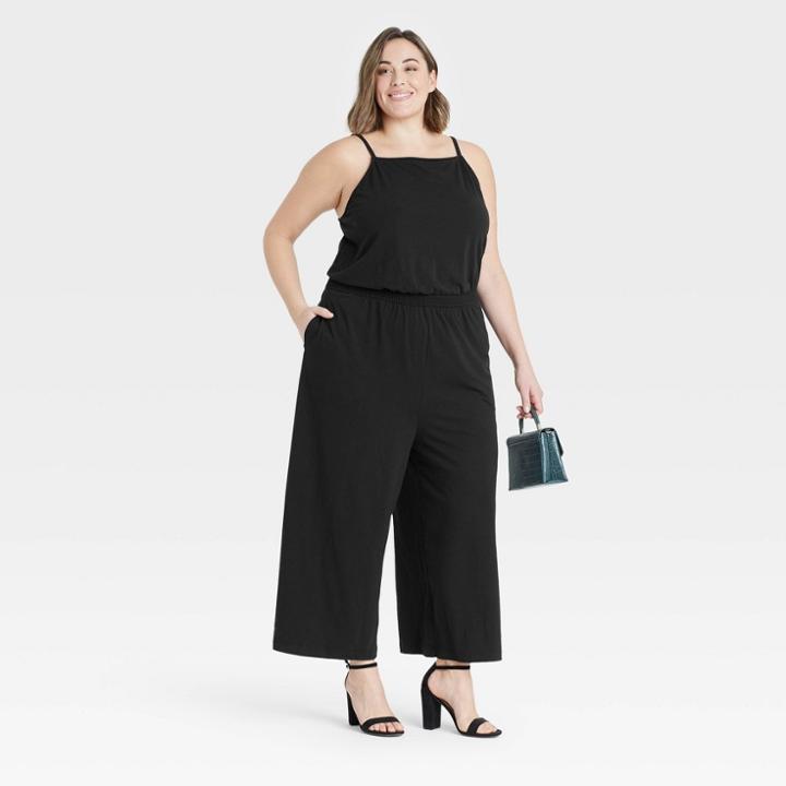 Women's Plus Size Sleeveless Smocked Cinched Jumpsuit - A New Day Black