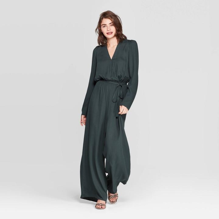 Women's Long Sleeve V-neck Wide Leg Jumpsuit - A New Day Green