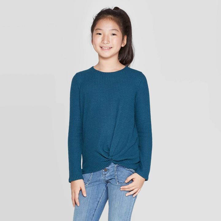 Girls' Long Sleeve Cozy Waffle T-shirt - Cat & Jack Teal Xl, Girl's, Blue