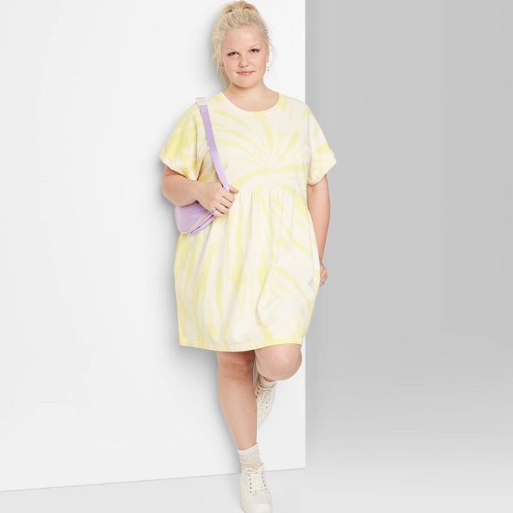 Women's Plus Size Short Sleeve Crew Neck Tie-dye Knit Babydoll T-shirt Mini Dress - Wild Fable Yellow 1x, Women's,